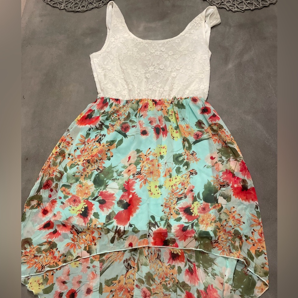 Floral High-Low Dress with Lace Top